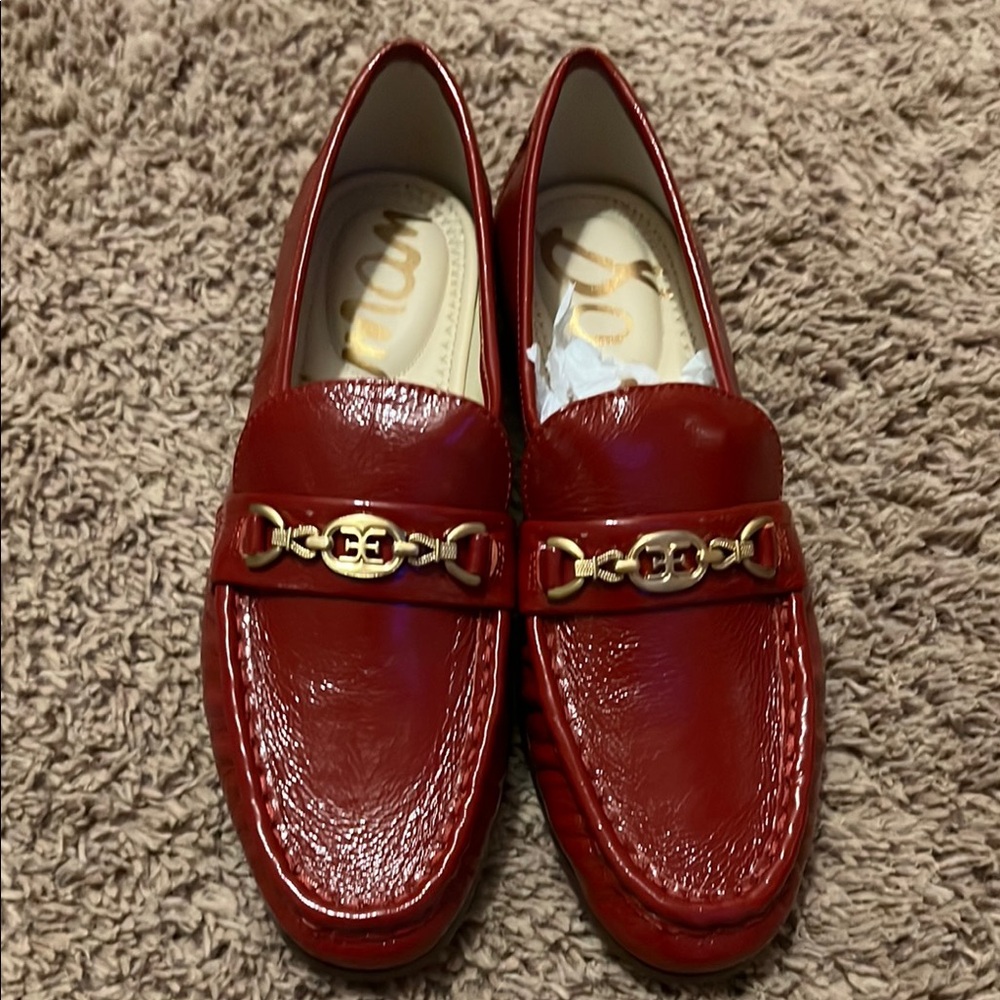 Sam Edelman Red Loafers with Gold Chain Detail